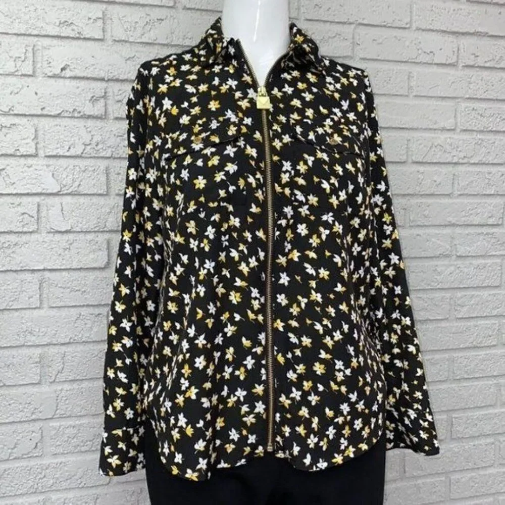 Michael Kors Women Floral Long Sleeve Zip Front Blouse Size S